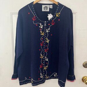 Storybook Knits Woman's Plus-Size Embroider Navy Anchor Nautical Sweater Sz 2x
